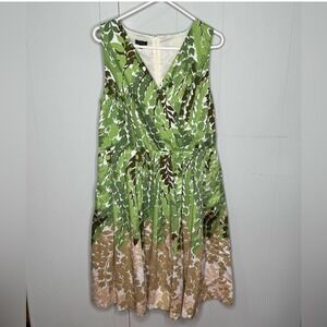 Talbots Leaf Print Green and Tan Faux Wrap Sleeveless Midi Dress
